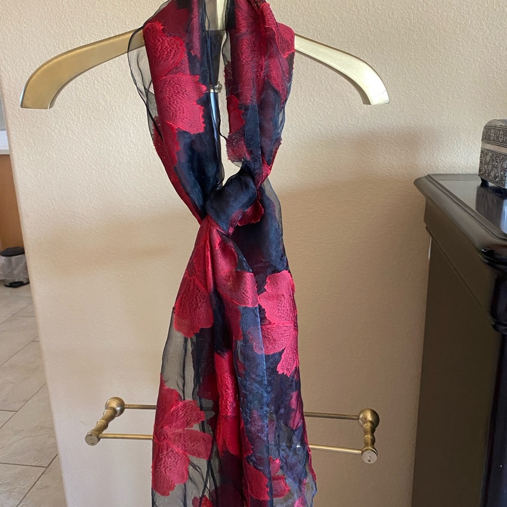 Elegant Red and Black Floral Scarf